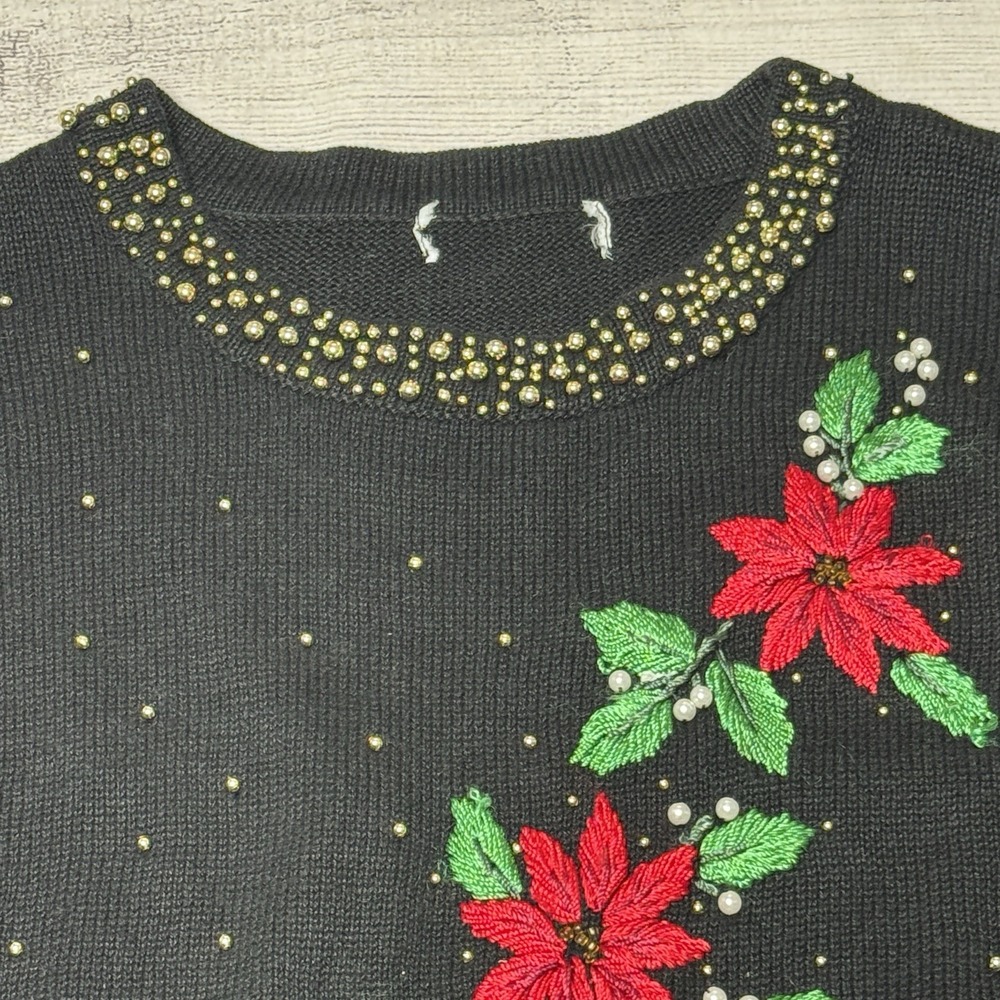 Vintage Victoria Jones Holiday Christmas Sweater Black Beaded Embroidered Floral - Picture 2 of 3